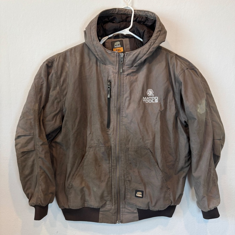 Berne Matco Tools Canvas Work Jacket‎ Mens 2XL Brown Hooded Insulated Distressed